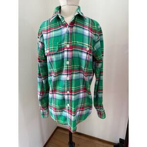 Poly by Ralph Lauren  Mens S Plaid Flannel Green Soft Hiking Outdoor Button up